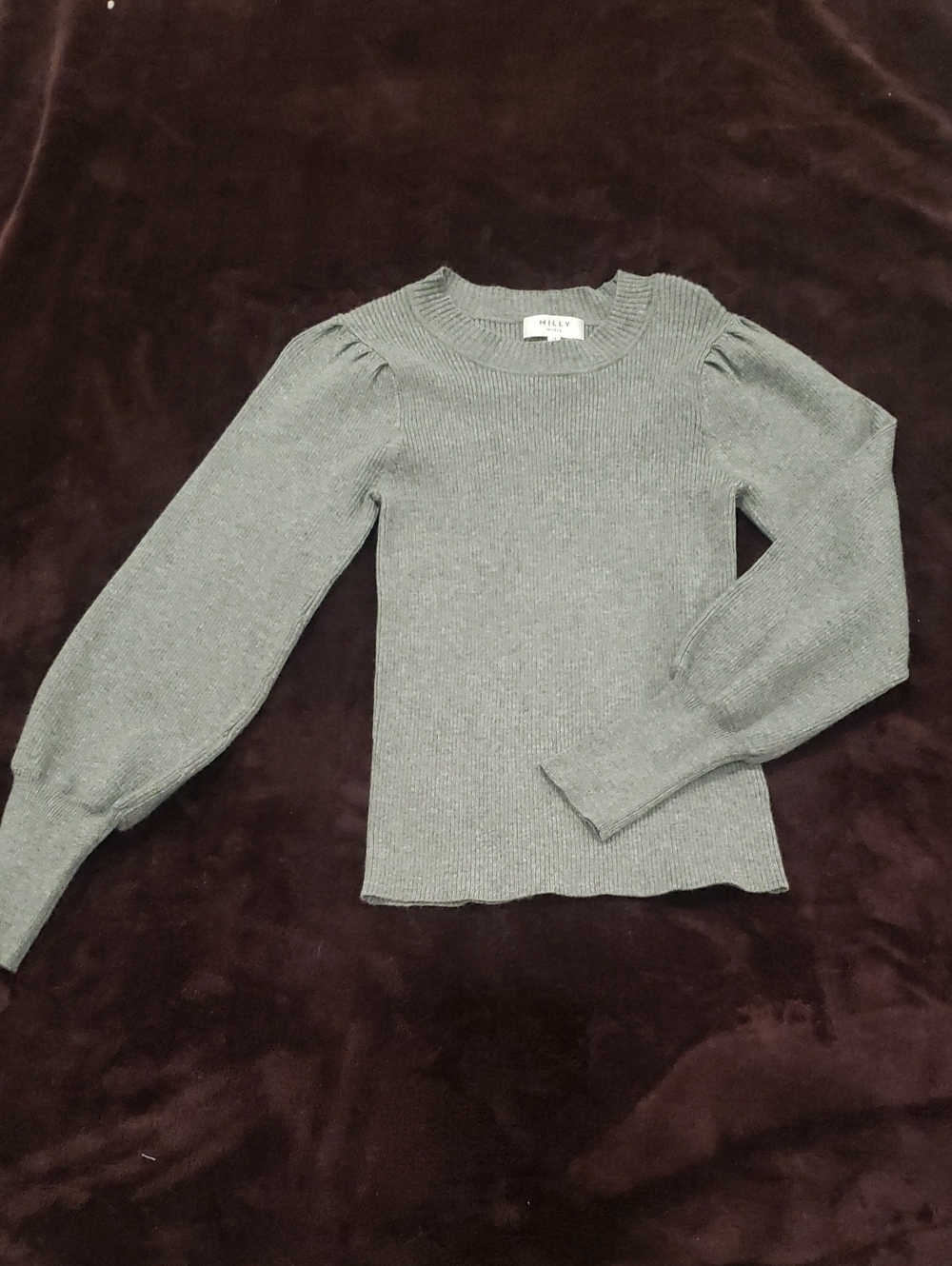Milly Minis Puff-Sleeve Ribbed Knit Top in Gray